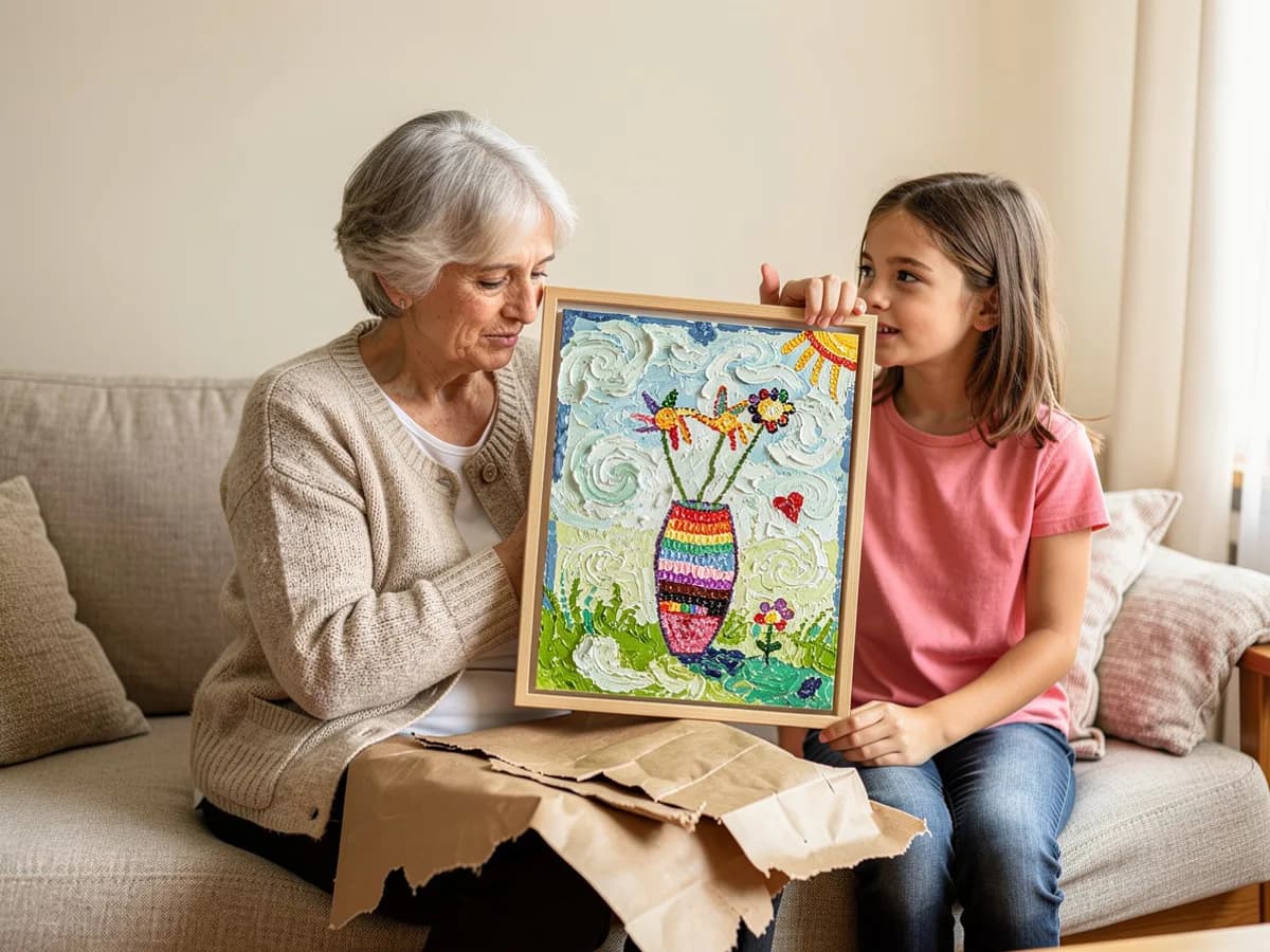 Oma hält das ausgepackte, gerahmte Geschenk aus der Kinderzeichnung ihrer Enkelin in den Händen
