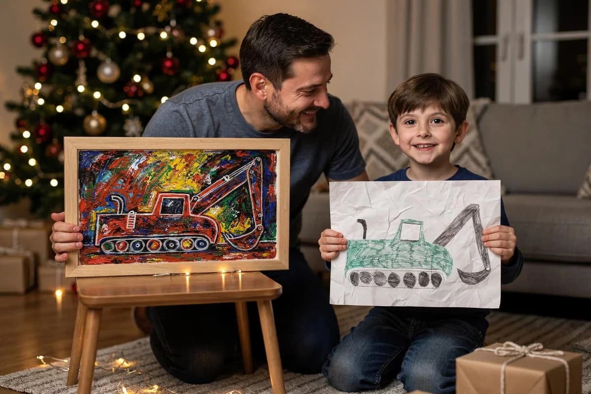Vater und Sohn betrachten das veredelte, gerahmte Kunstwerk am Weihnachtsbaum