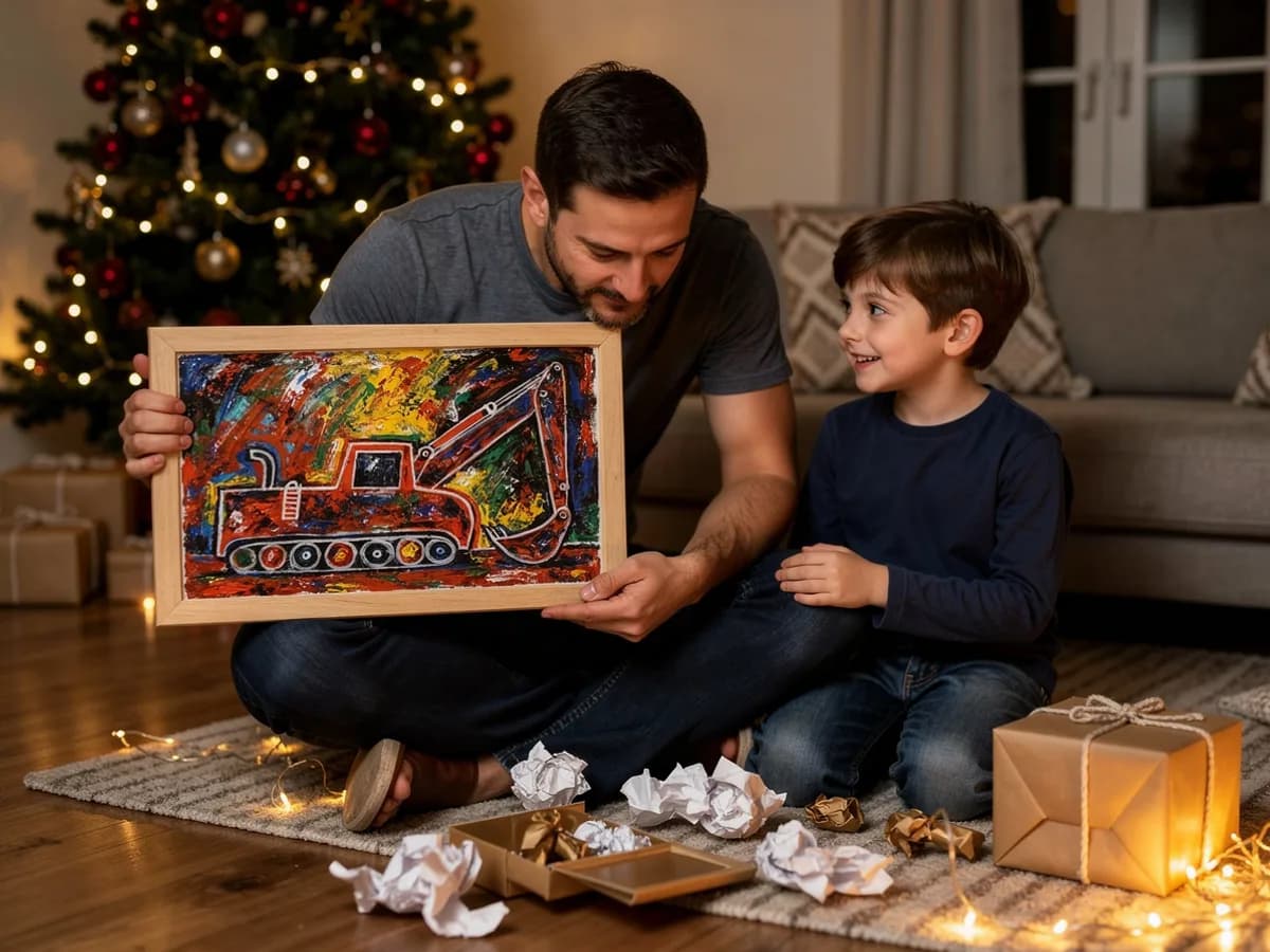 Vater hält am Weihnachtsabend das ausgepackte, gerahmte Kunstwerk aus der Zeichnung seines Sohnes in den Händen