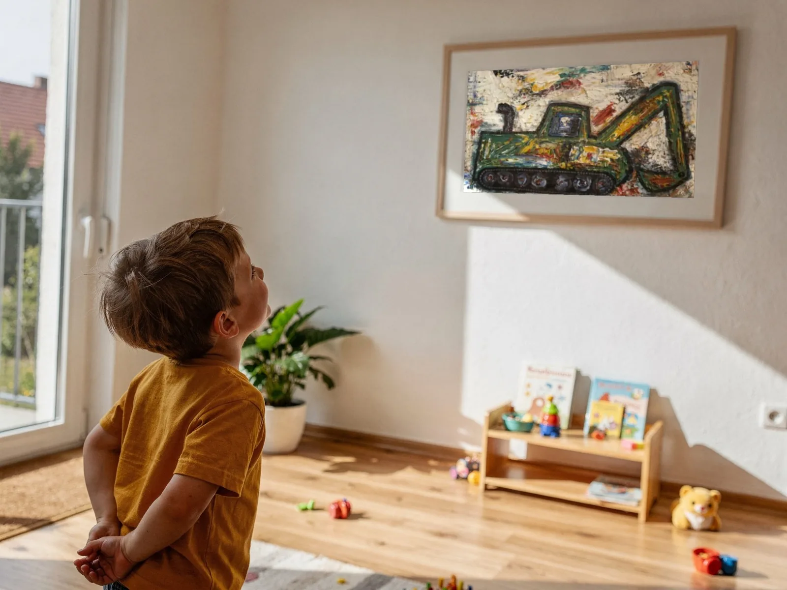 Ein Junge im Kinderzimmer schaut zu seinem veredelten Bagger im hellen Holzrahmen an der Wand hoch